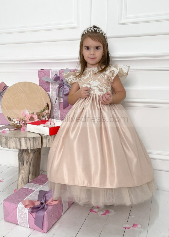Feifei Sleeves Lace Pleated Satin New Flower Girl Dress